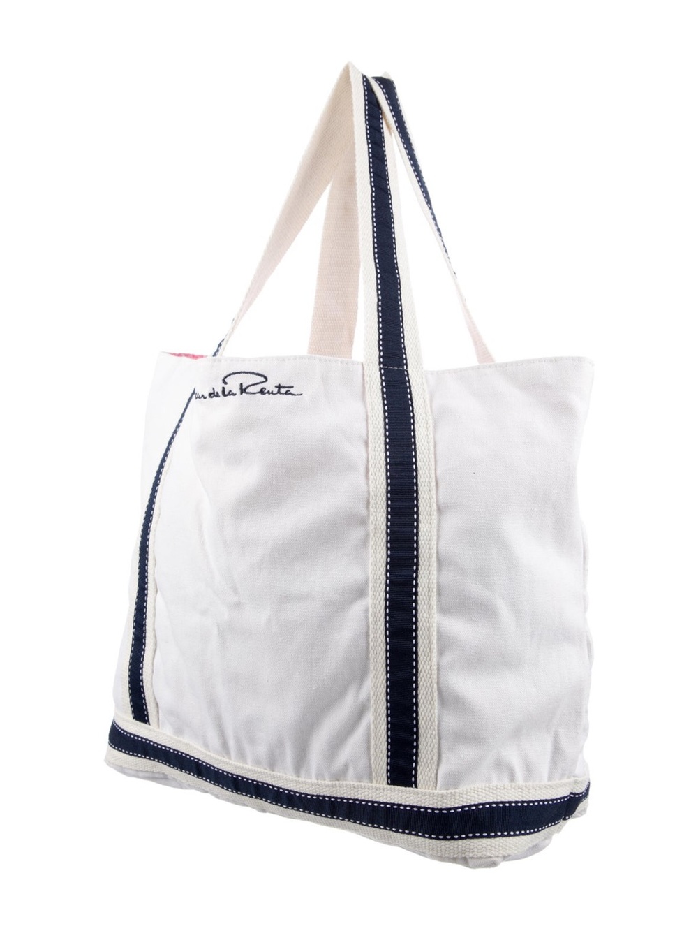 Oscar de la Renta Canvas Tote Bag White Navy Blue Coastal Minimalist